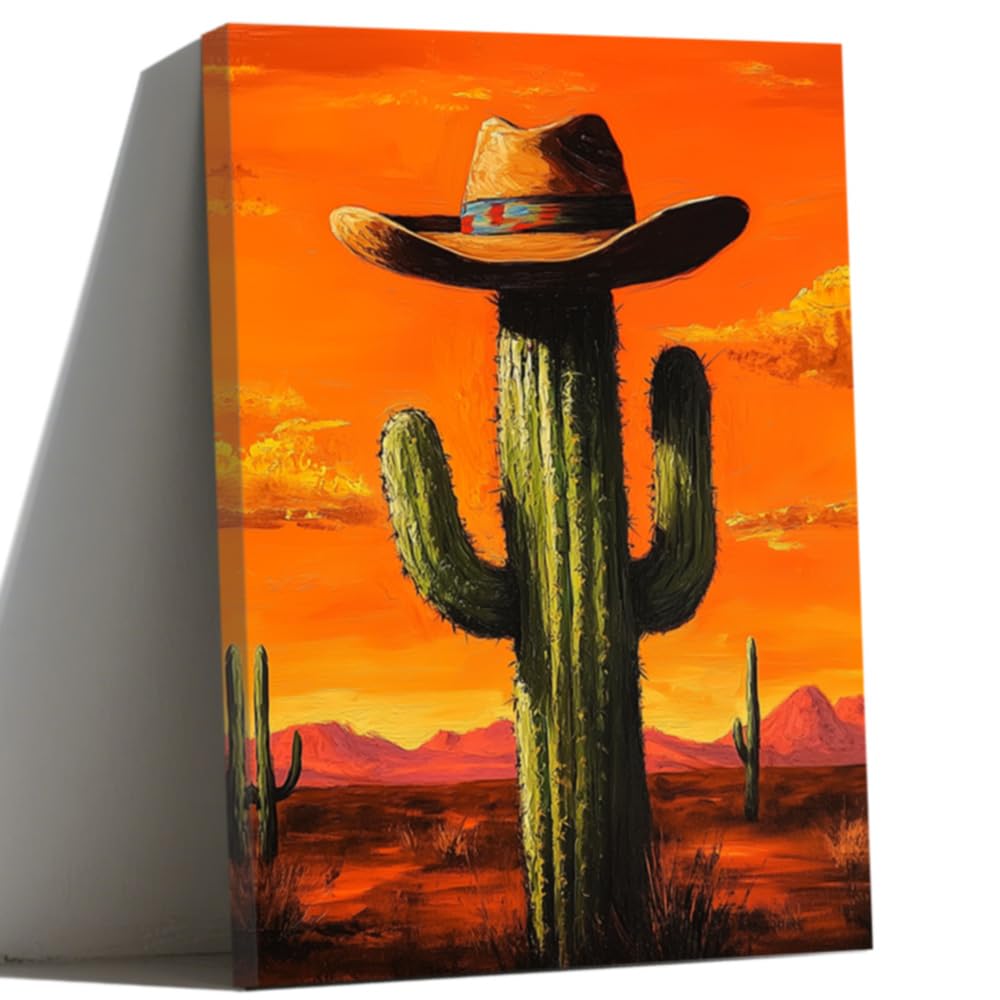 LMYSXAOZ Mexican Cactus Canvas Wall Art Framed Saguaro Picture with Cowboy Hat Painting Prints Southwestern Desert Succulent Boho Living Room Decor (orange,40x60cm)