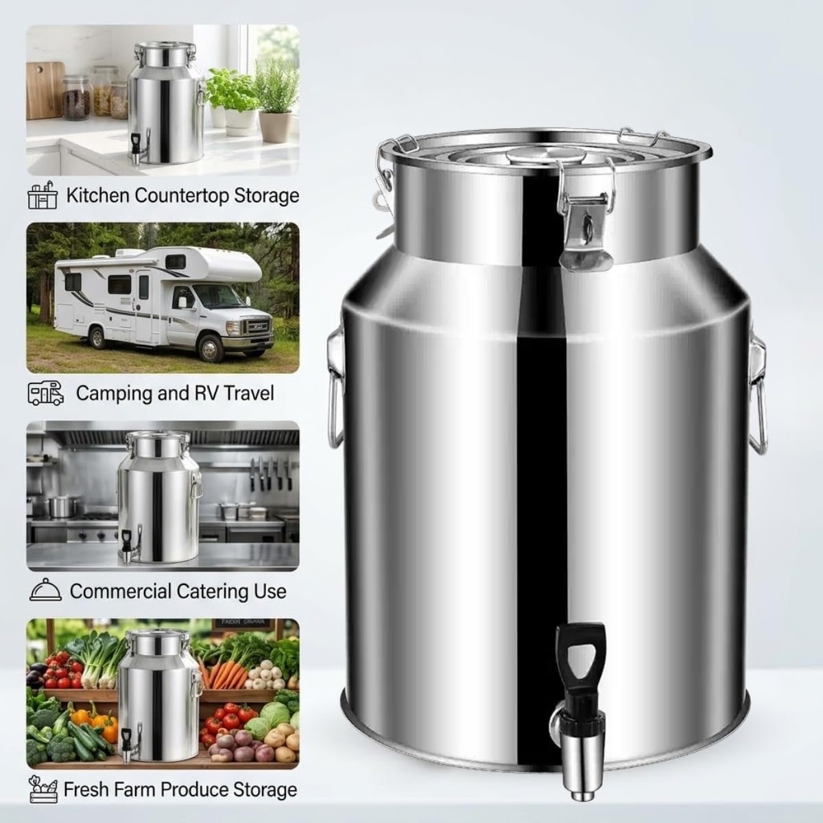 Jarra de Leche de Acero Inoxidable, 5-100L Lechera con Tapa Sellada y Asa | Recipiente para Almacenar Líquidos, Cubo para Vino, Agua y Aceite, Bidón de Leche(88L)