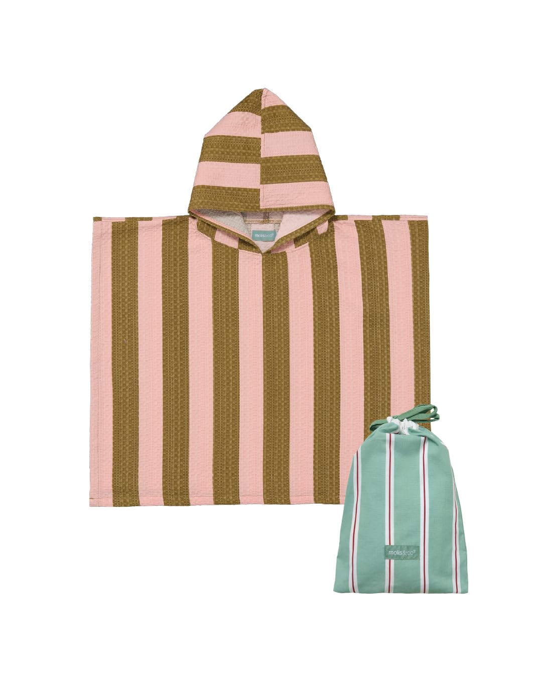 molis&co. Poncho de Bain pour enfants. Serviette de Plage à Capuche. Serviette de Bain enfants. (FR/ES, Âge, 1 an, 2 ans, Taille normale, KHAKI & ROSE STRIPES)