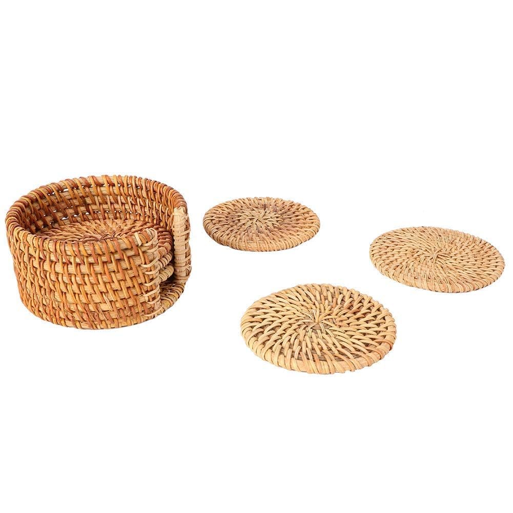 Herchr Defult 6Pcs Rattan Coasters For Drinks Absorbent With Holder For Home Office Bar Tools