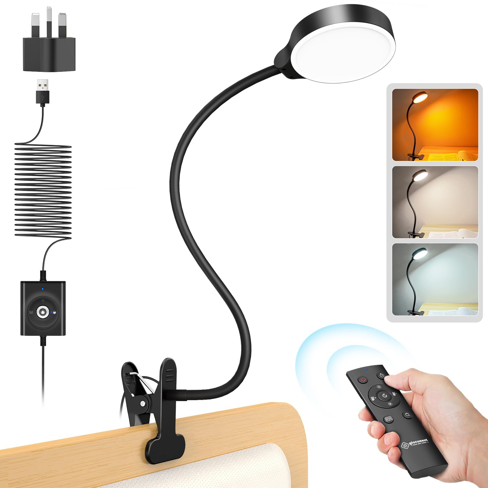 Glocusent 5W Clip on Light, 36 LED Eye Caring Reading Light for Bed, 3 Colors & 5 Brightness Clip on Lamp with Adapter, Perfect Reading Light/Bunk Bed Light (with Remote & Adapter Black)