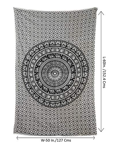 RAJRANG Boho Small Mandala Tapestry 60x50 Inches Black and White Aesthetic Elephant Tapestries Hippie Bohemian Cotton Wall Hanging Decor