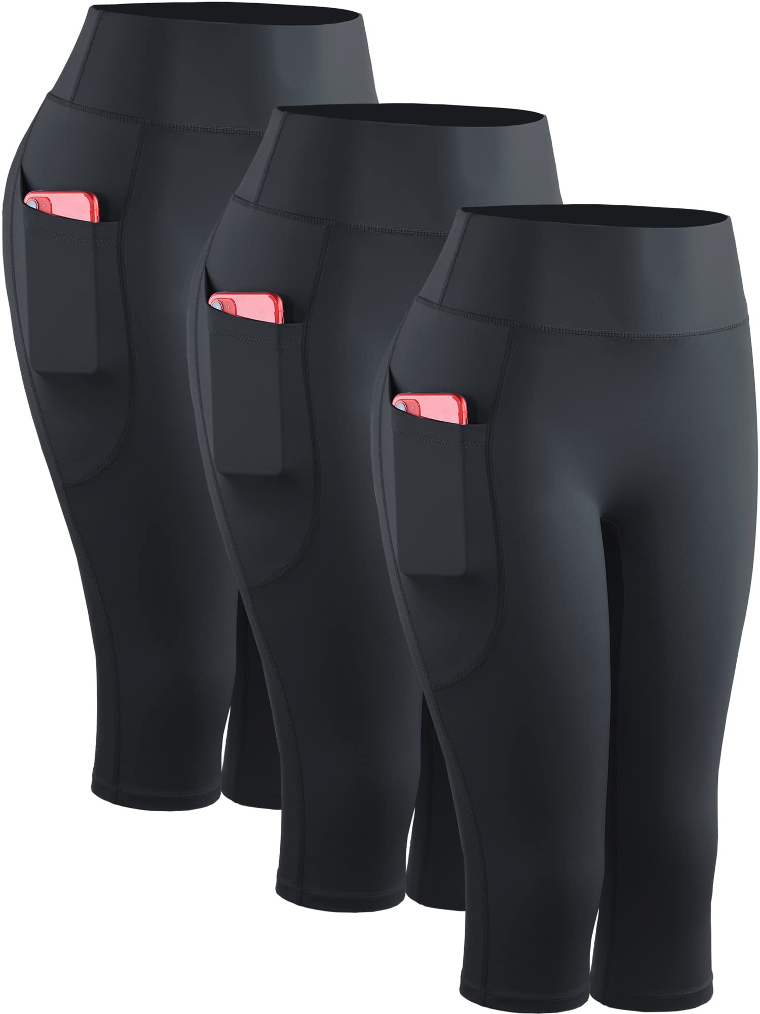 CADMUS Womens High Waist Workout Legging Capris for Yoga w Side Pockets