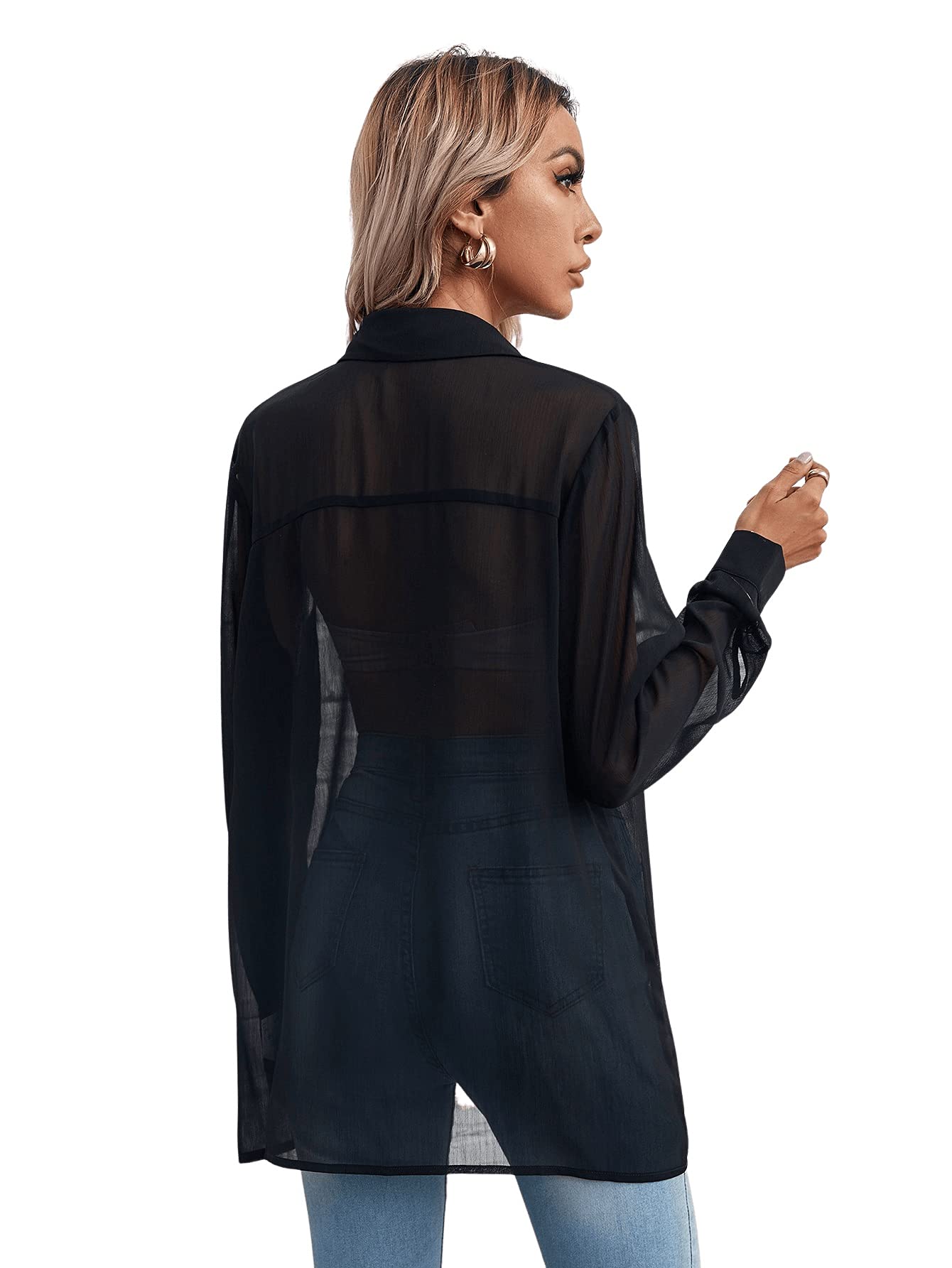 Floerns Blusa de Manga Corta con Botones de Malla Transparente para Mujer