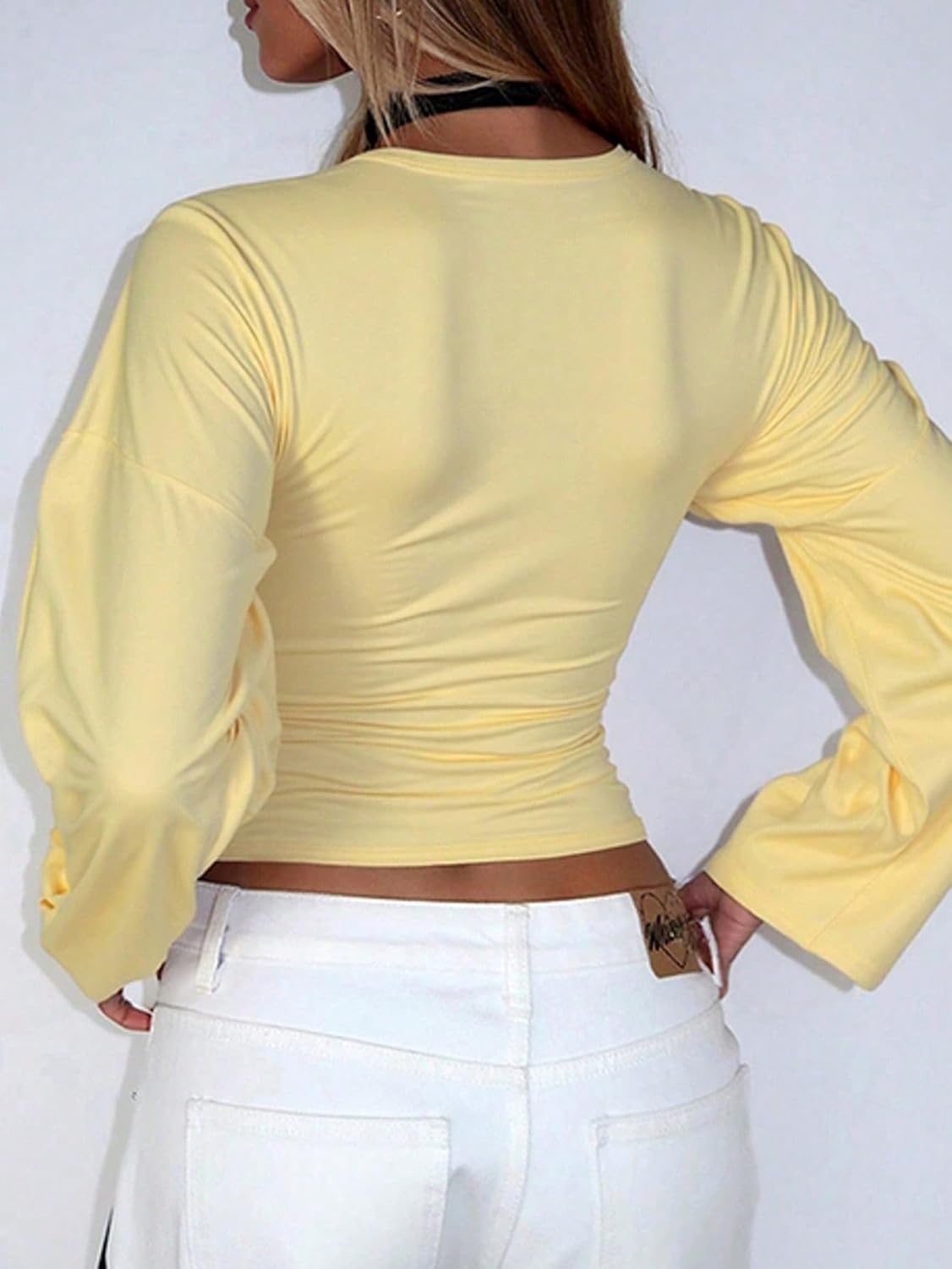 SHENHE Women's Deep V Neck Bell Long Sleeve Shirt Fall Dressy Going Out Fitted Tee Top - Image 2