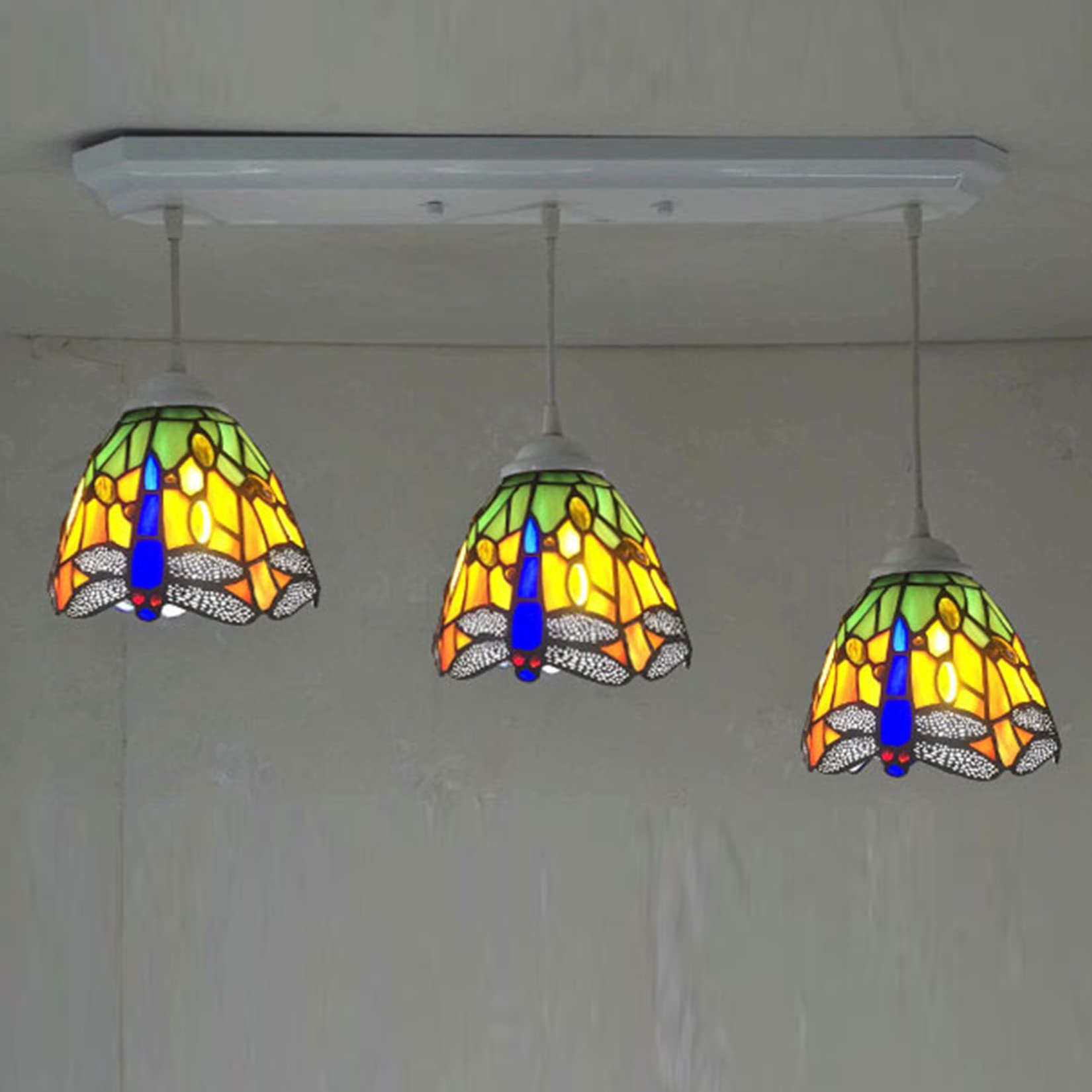 Lampa wisząca, 3 światła, pomarańczowy i niebieski klosz, rustykalny styl vintage, wpuszczana lampa sufitowa do jadalni lub sypialni, D (c)