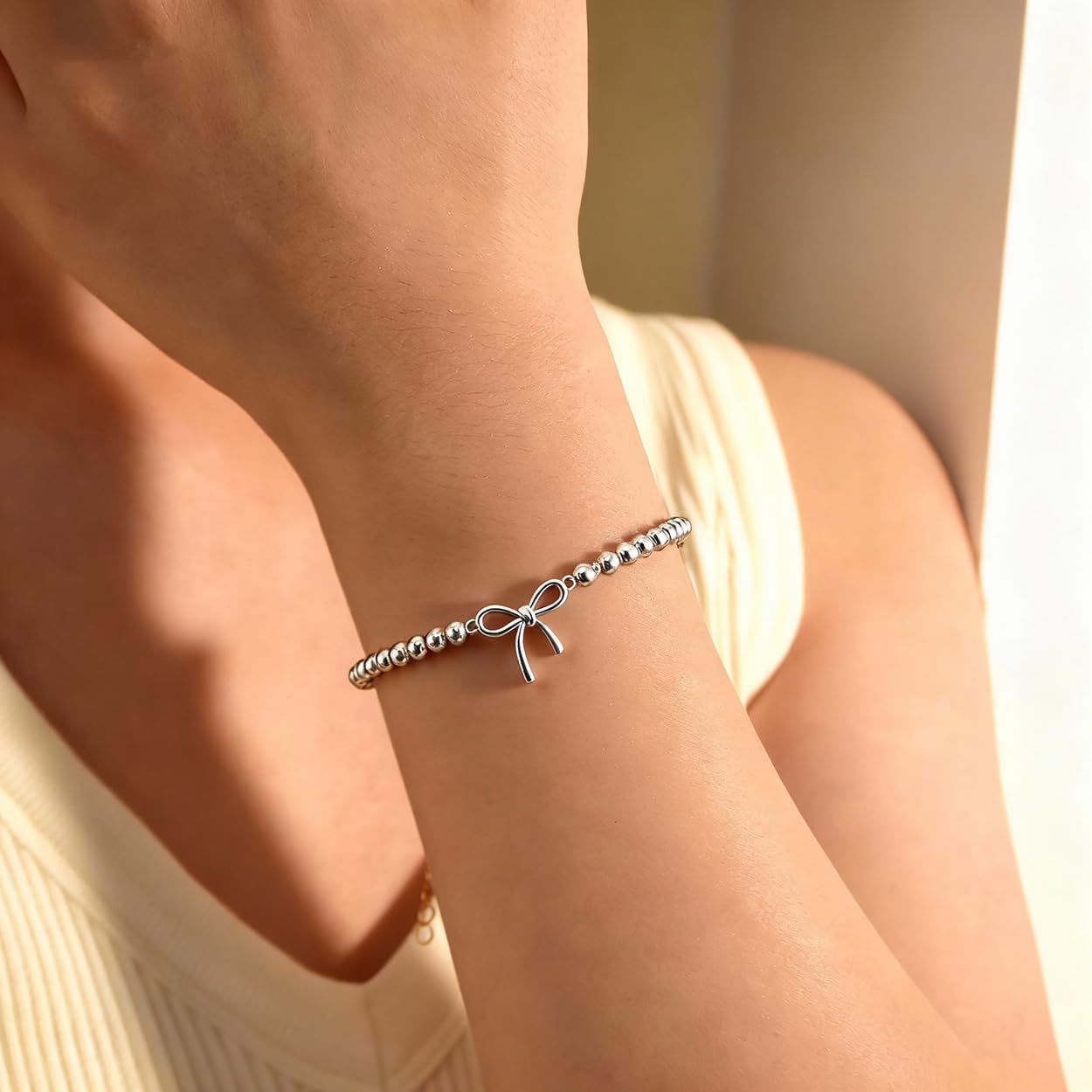 Beaded Bow Bracelets for Women Stretch, Dainty Gold Silver Elegant Beads Bow Charm Stackable Jewelry Gifts for Her Non Tarnish Handmade
