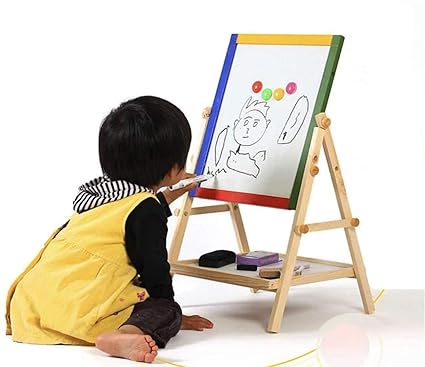 Grandink Double Sided Whiteboard and Chalk Board/Blackboard Wooden Easel for Kids Learning Drawing Stand and Writing