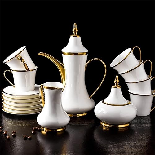 TREXD - Juego de tazas de café de porcelana de grado superior dibujadas a mano, estilo europeo, con línea dorada, juego de cucharas de cerámica