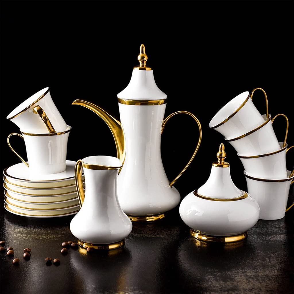 Sjdopulse Gold Elegant European Style Hand Drawn Line Coffee Pot Coffee Cup Saucer Spoon Set Ceramic Mug Top-Grade Porcelain Tea Cup Set