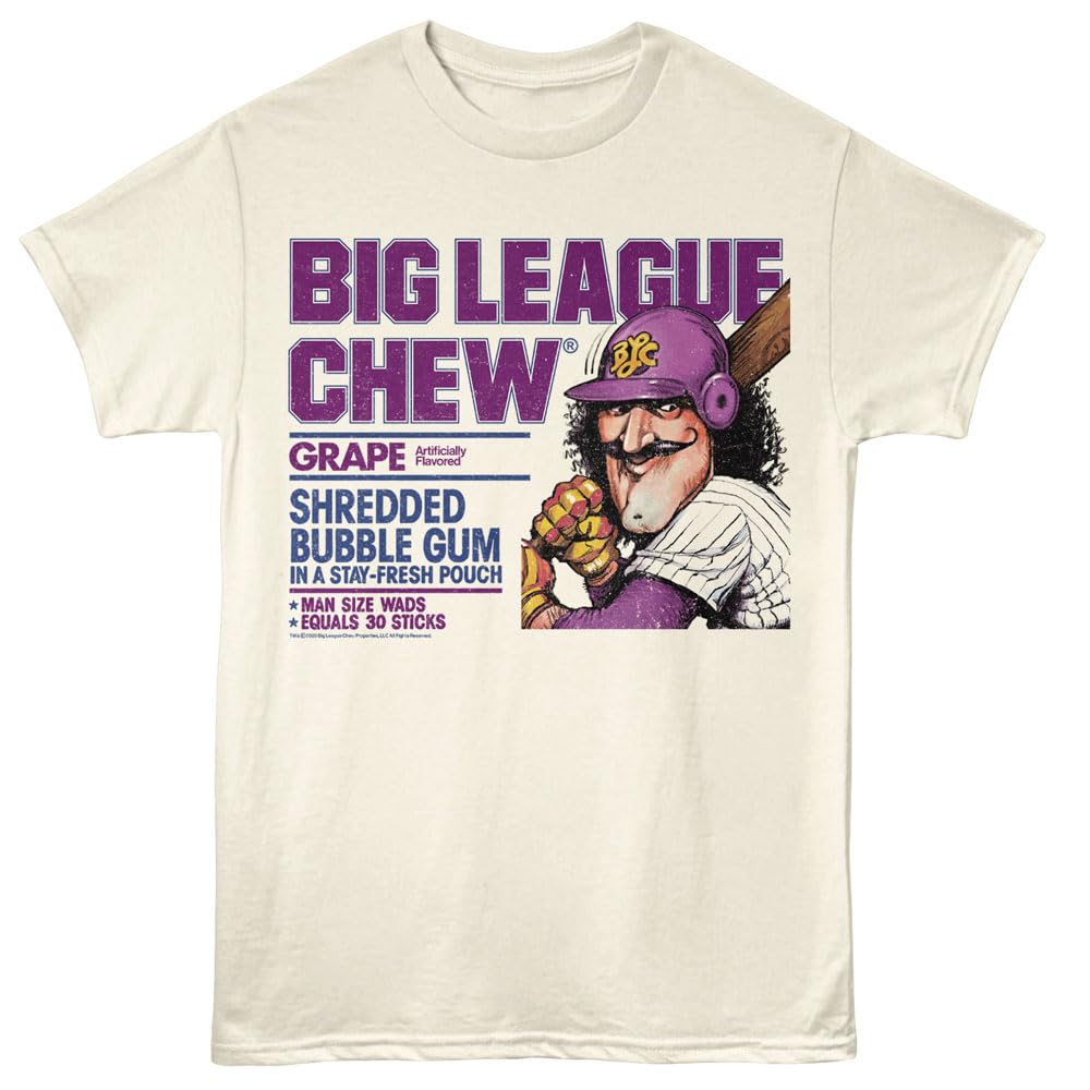 Big League Chew Grape Flavor Natural Graphic Crew Neck, Short Sleeve Tee - Vintage Style Baseball T Shirt for Men & Women