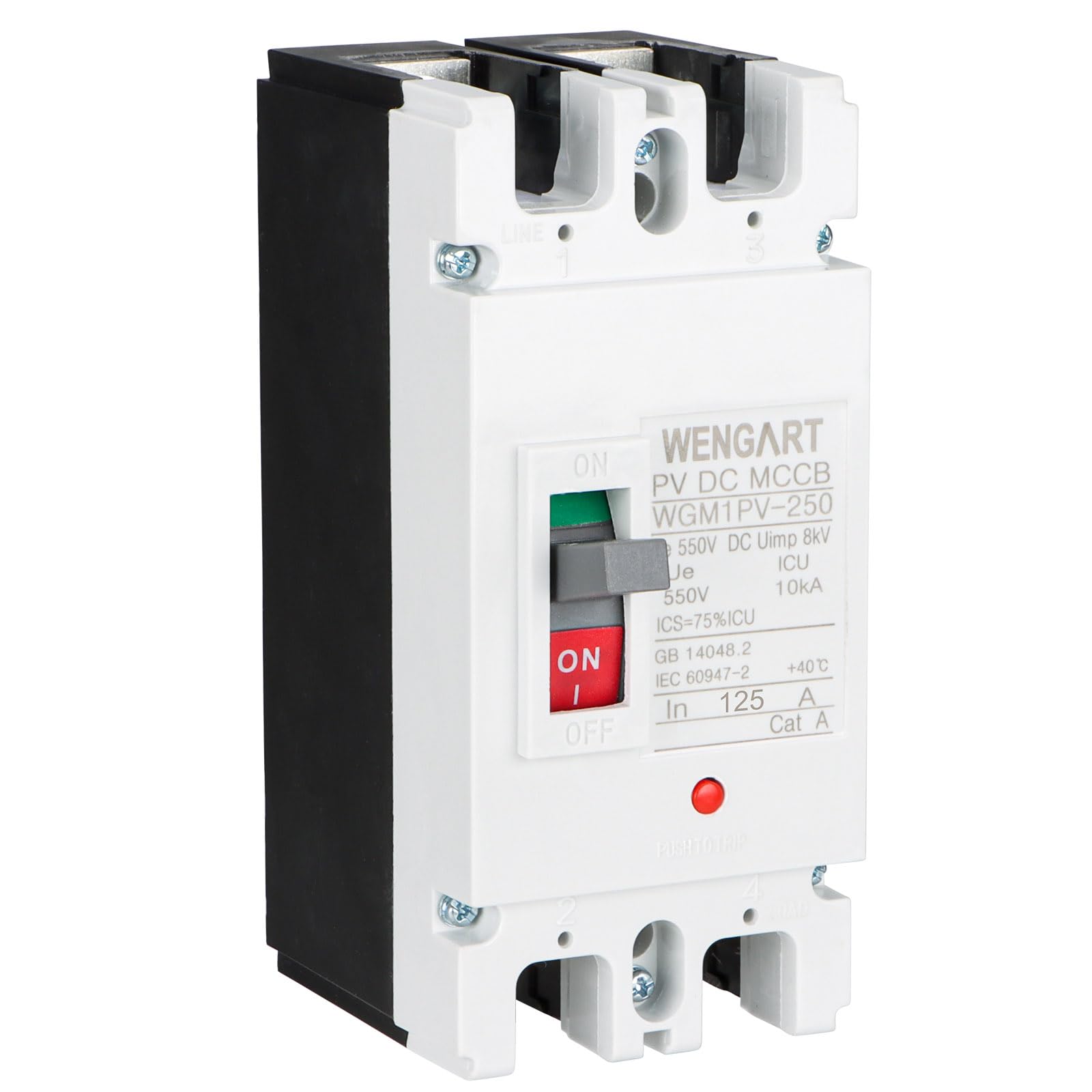 Wengart DC-Leistungsschalter 125A 550V 2P – WGM1PV-250 MCCB für Photovoltaik & Batteriespeicher – DC-Hauptschalter mit 25kA Trennvermögen – Sicherer Lasttrennschalter für Solarsysteme