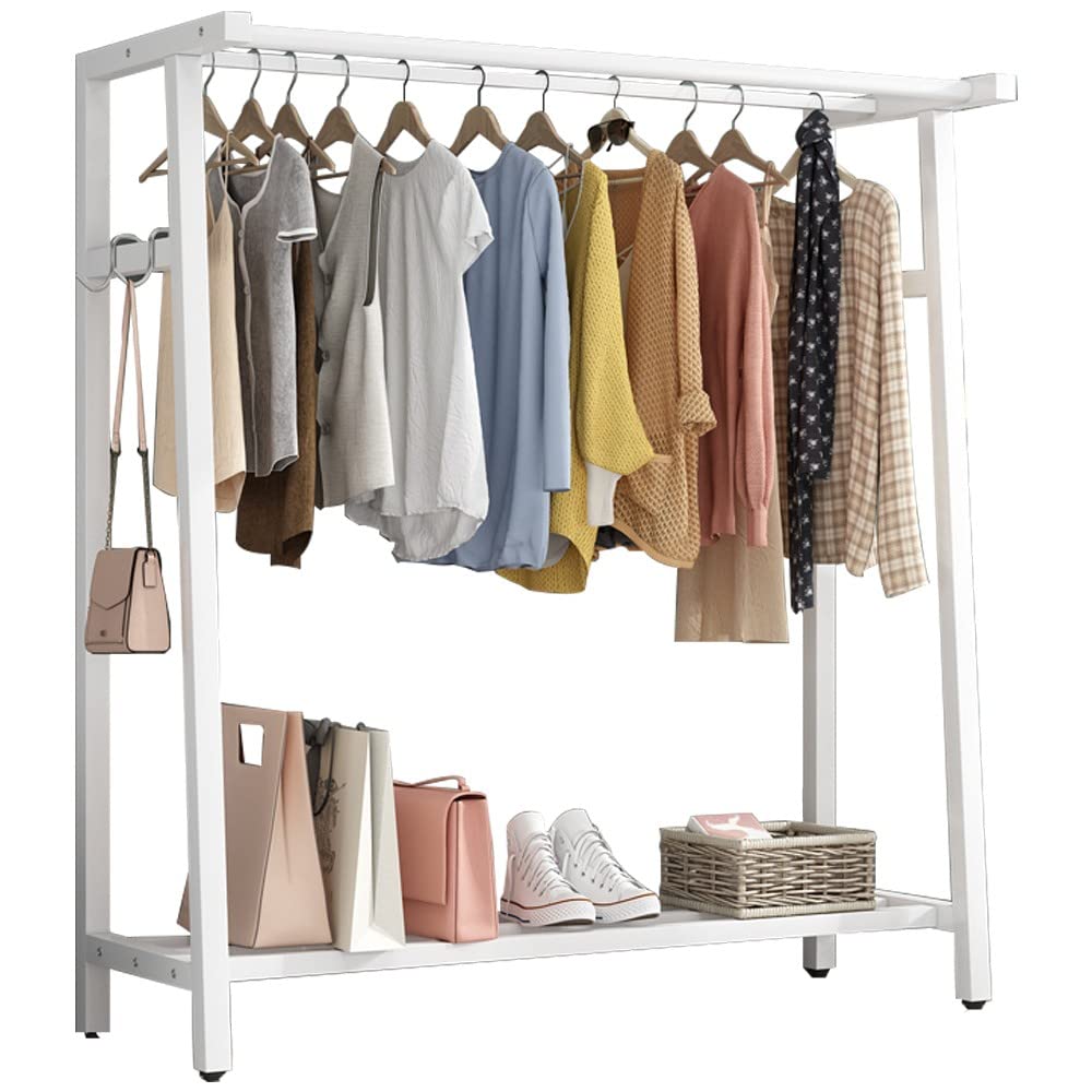 STARMSGarment Rack Metal Clothing Racks, with Topbars Overhead Bar and Shoe Rack, Metal Stable, Adds Closet Space/White