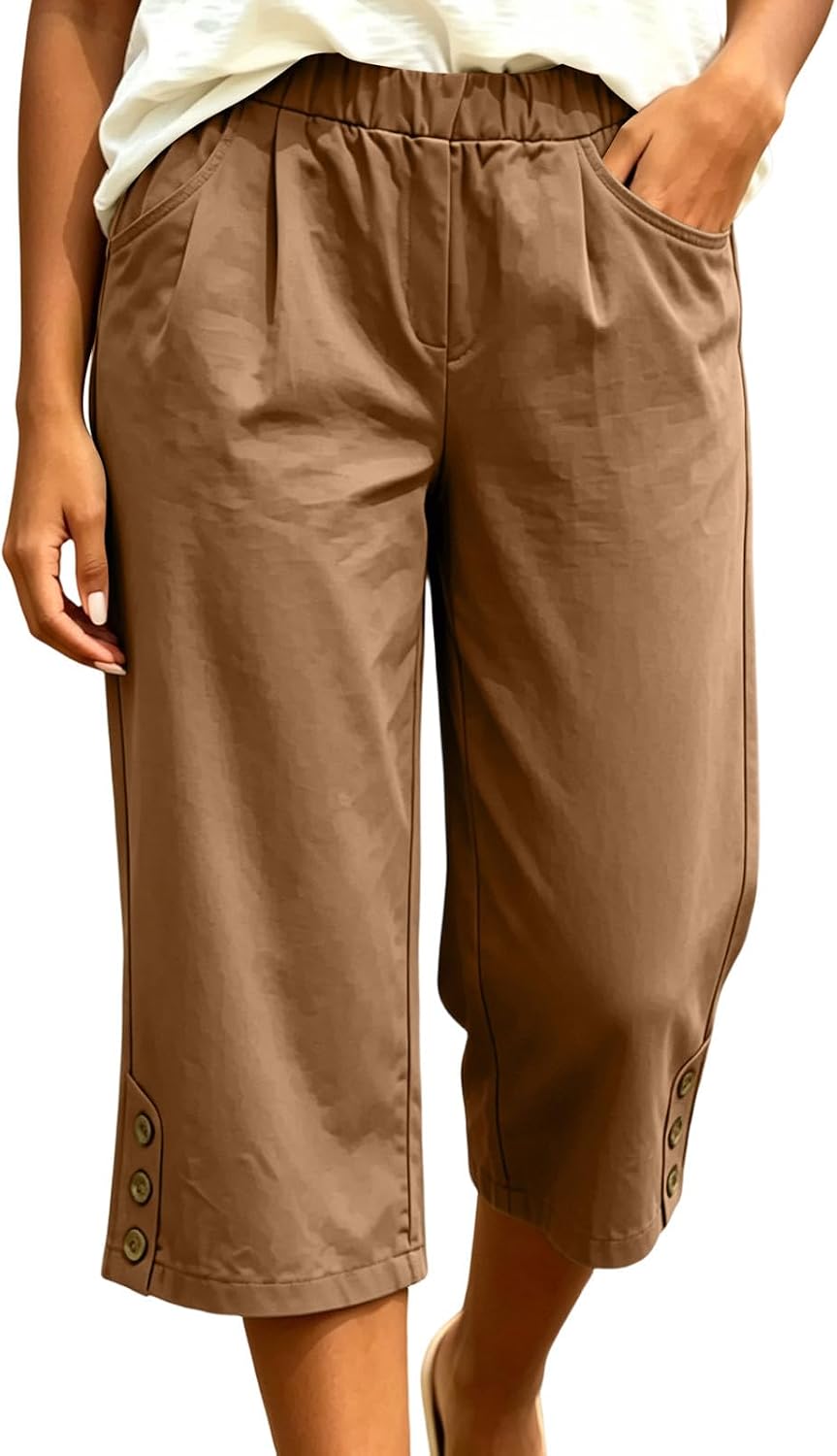 Womens Wide Leg Capri Pants Elastic Waist Casual Loose Lounge Trousers Summer Flowy Beach Pant Vacation Clothes