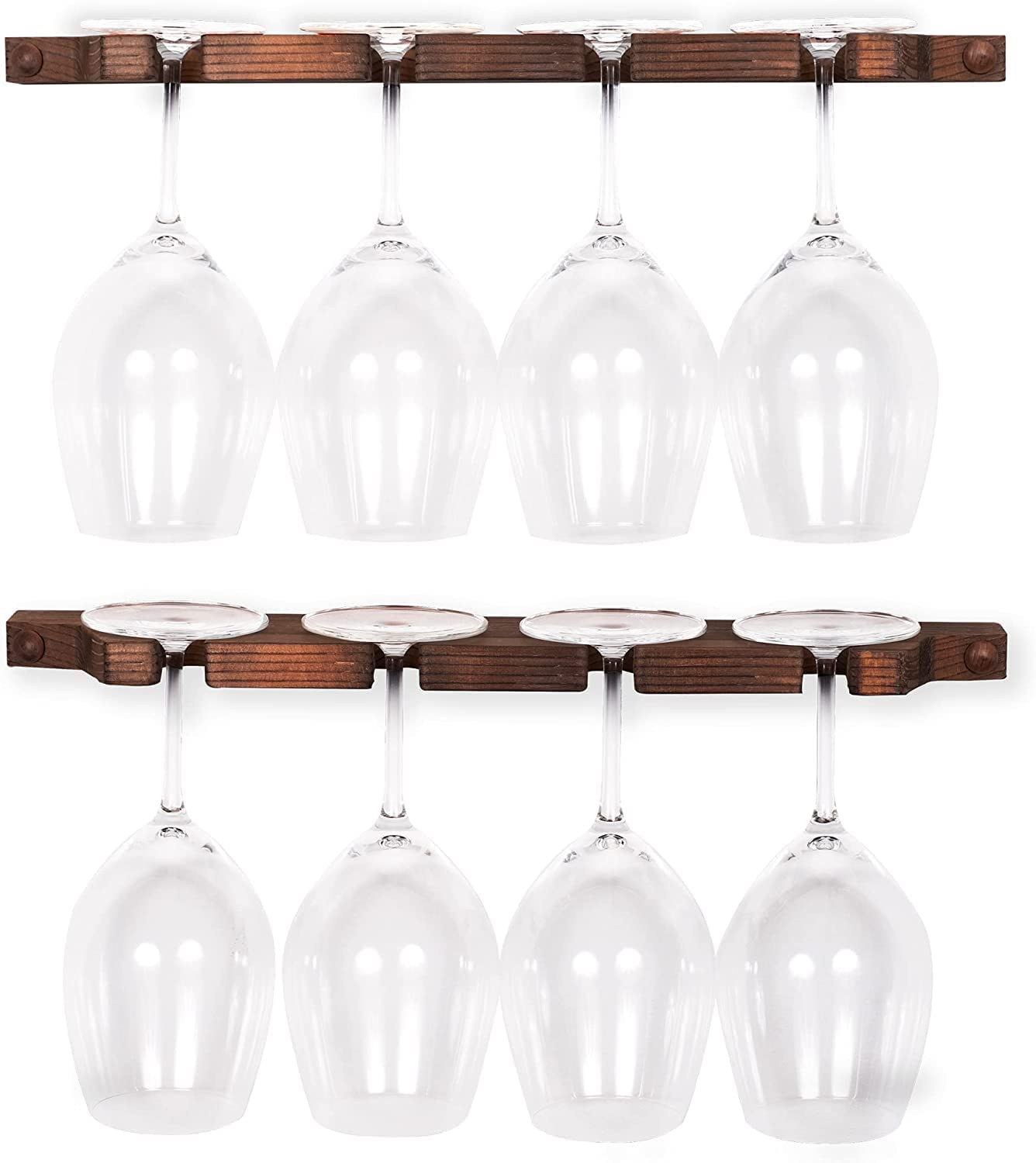 Md Decor Rustic Wall Mounted Stemware Rack Holder Fits 8 Wine Glasses Walnut Wooden Wine Glass Holder Set Of Two Wine Glass Bar Cabinet For Wall, Hanging Shelves
