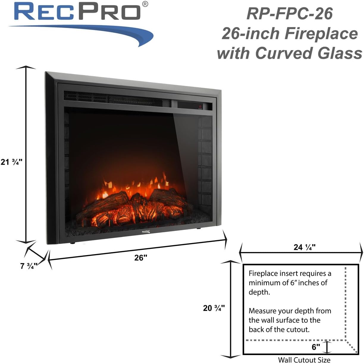 RecPro RV 26" Electric Fireplace | 1500 Watts | 3 LED Flame Color Modes | Curved Glass | Remote Included | Recessed Mount