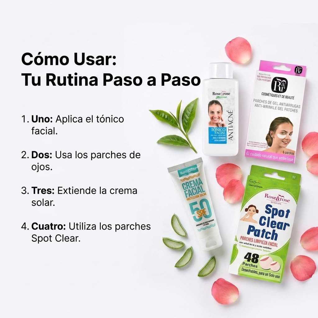 Zestaw Rose & Rose | Tonik do twarzy przeciw trądzikowi + krem przeciwsłoneczny SPF 50+ plastry punktowe przezroczyste + plastry żelowe do oczu | Kompleksowa pielęgnacja twarzy dla skóry tłustej i