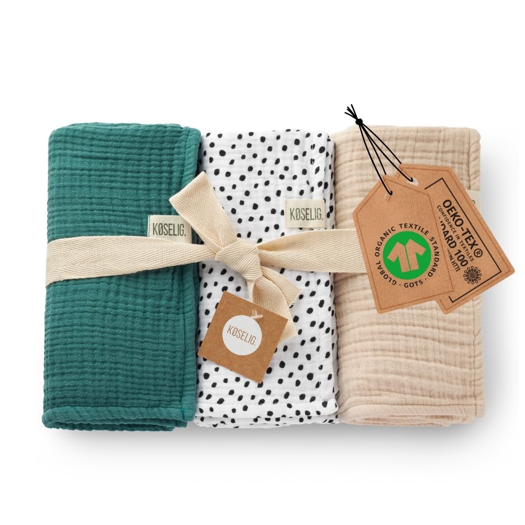 KØSELIG® Premium Musselintücher 80x80 cm | 100% Bio-Baumwolle | Geschenk zur Geburt: Babydecken, Spucktücher extra weich & saugstark | 60°C Wäsche | 3er Set Mulltücher