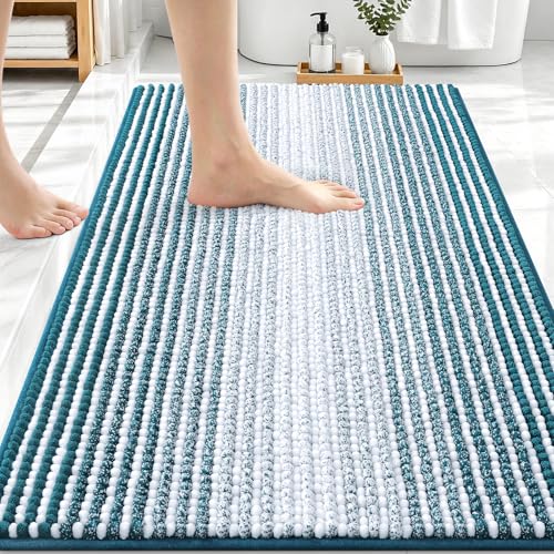 Image of OLANLY Bathroom Rugs 30x20, Extra Soft Absorbent Chenille Striped Bath Rugs, Rubber Backing, Machine Wash Dry, Bath Mats for Bathroom Floor, Tub and Shower, Home Decor Accessories, Peacock Blue