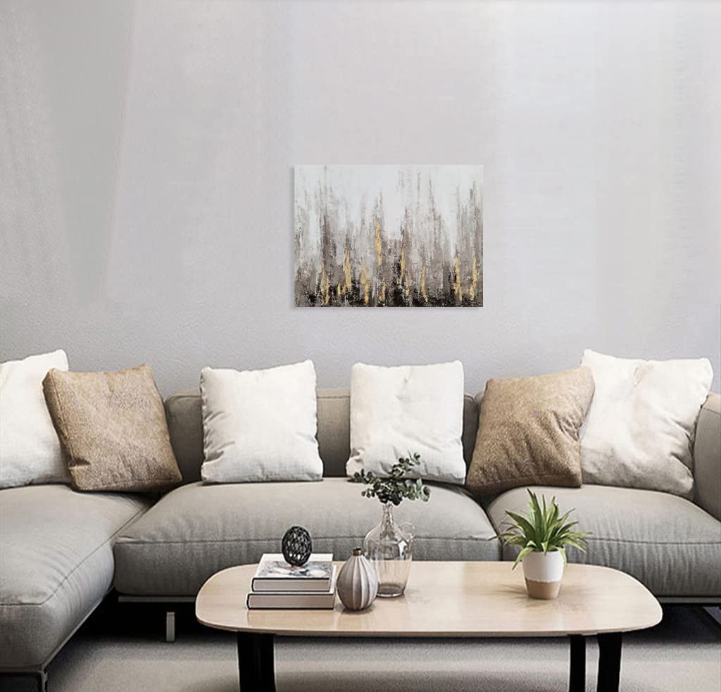 SYGALLERIER Quadro Astratto Città Con Lamina D'Oro - Tela 75x100 Cm, Dipinto A Mano, Moderno In Bianco E Nero, Per Soggiorno E Camera Da Letto