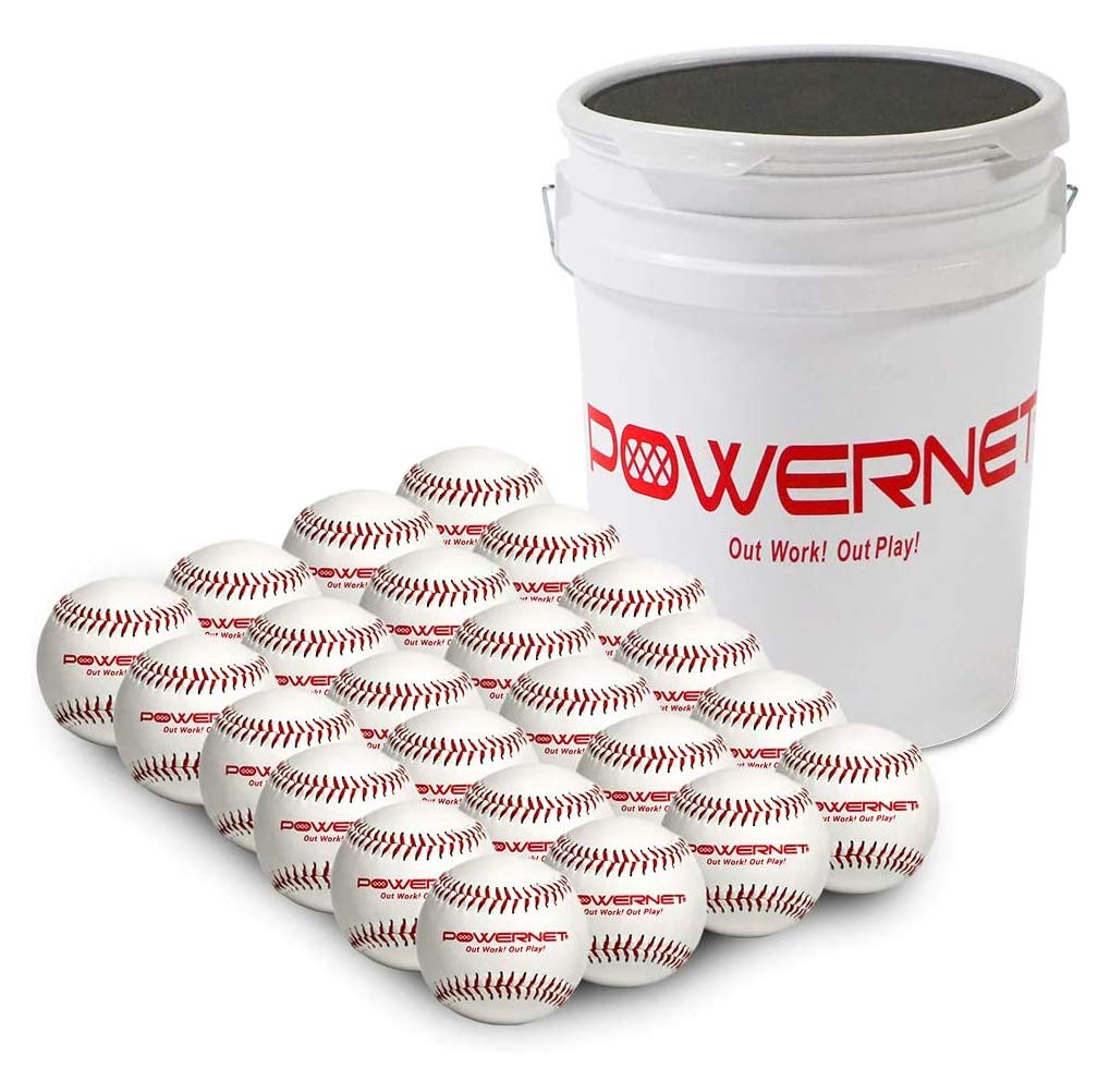 PowerNet Bucket with Cushioned Seat and Baseball Bundle | (24) Baseballs + Bucket | Recreation Grade Regulation Size Balls | Perfect for Baseball Soft Toss, Batting, Fielding, Hitting, Pitching Drills