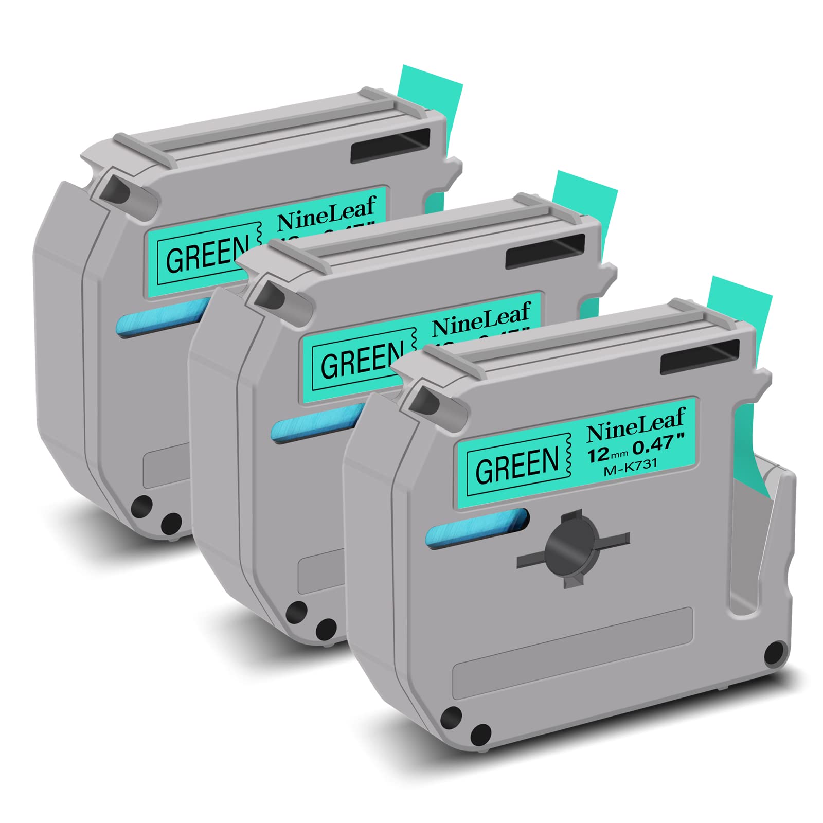 NineLeaf 3 Pack Replacement for Brother P-Touch M-K731s M-K731 MK731 M-731 M731 12mm 0.47'' 1/2 inch 8m Non Laminated Black on Green Label Tape Cassette for Ptouch PT-65SL 65VP 70BBVP Label Maker — image 1