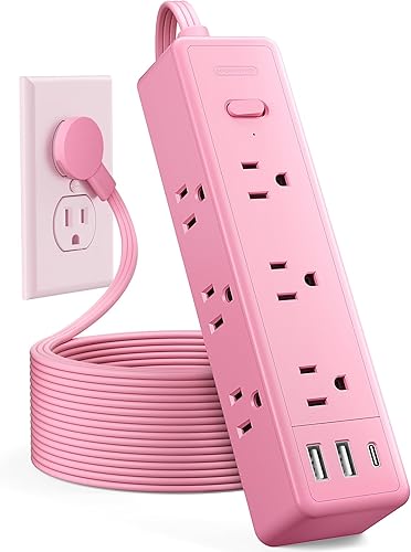 NTONPOWER Power Strip - Tira de alimentación plana rosa de 15 pies, 9 salidas, 3 puertos USB (1 USB C), montaje en pared, 1080J, múltiples salidas