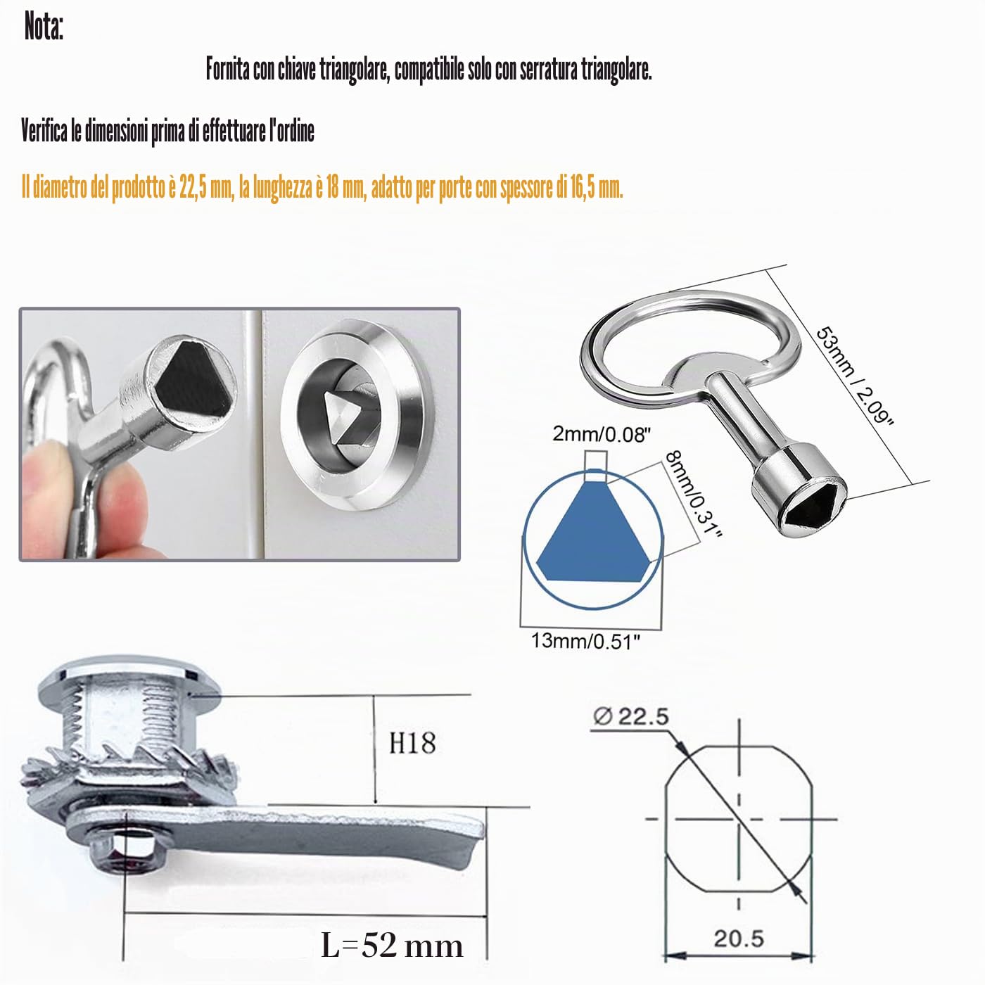 2PCS Serratura per contatore elettrico con chiave triangolare, serratura a camma filettata per cassetta postale, serratura per armadietti, cassetti e mobili