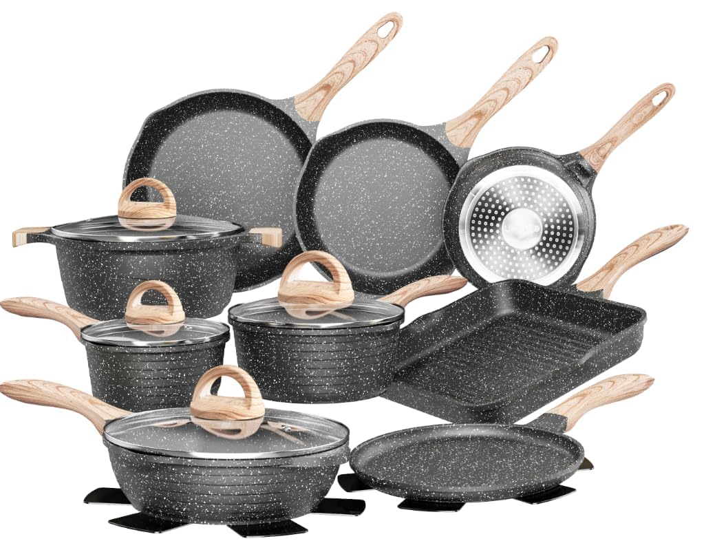 JEETEE Pots and Pans Set Non Stick 23pcs, Healthy Kitchen Cookware Sets, Induction Cooking Set W/Gray Frying Pans, Saucepans, Sauté & Griddle & Crepe Pan (PFOA Free)