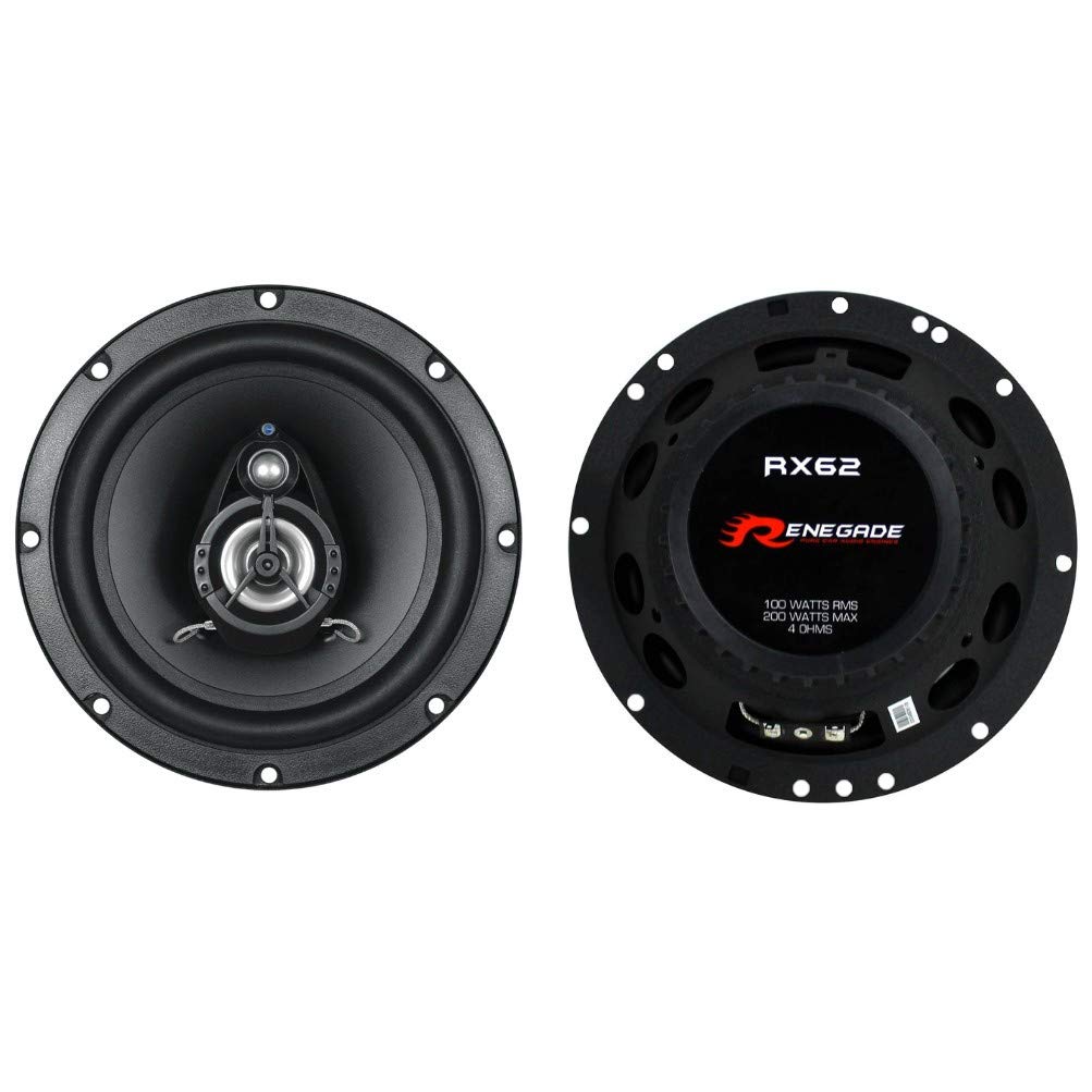 2 Altavoces RENEGADE RX62 coaxial de 2 vías 6,5" 16,50 cm 165 mm diametro 100 vatios rms 200 vatios MAX impedancia 4 ohmios 90 db spl Negro Coche, por par