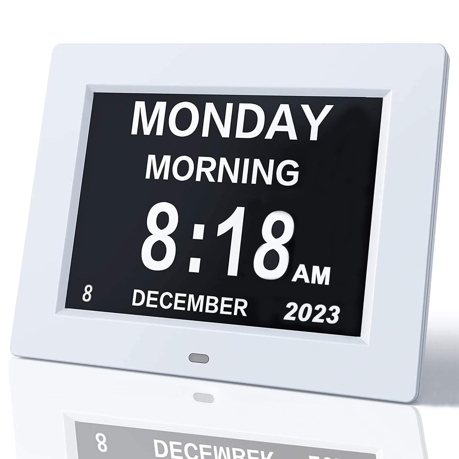 Johnziny 8 Inch Digital Clock Large Display Dementia Clocks with Day and Date for Seniors,8 Alarms Options Digital Clock,Digital Calendar with Large Number and Custom Alarms White