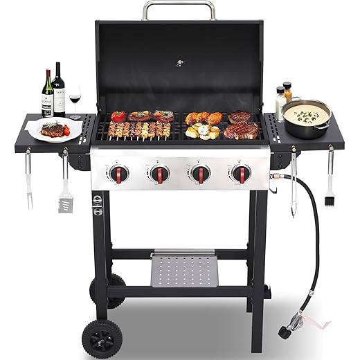 4 Burner Propane Grill | Portable Gas Grills with Foldable Cart Table and Wheels | Heavy Duty with Cast Iron Grate, Stainless Steel,40000 BTU Output, Easy Clean for BBQ Outdoor Grill