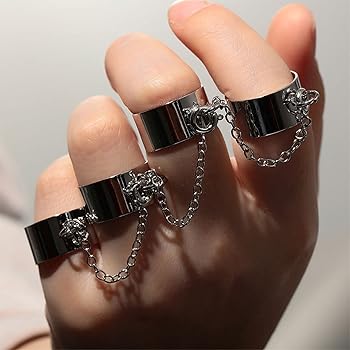 Set Anelli Punk Con Catena - Argento, Regolabili, Stile Gotico Vintage Per Uomo E Donna