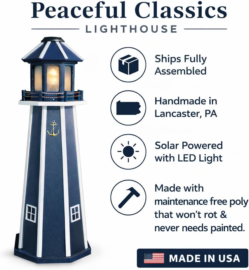 Peaceful Classics Modern Decorative Lighthouse for Garden Décor 3ft/4ft – 5W Poly Solar Lighthouse Lamp for Outdoor Décor, Amish Handcrafted Wood Light House Decoration for Home