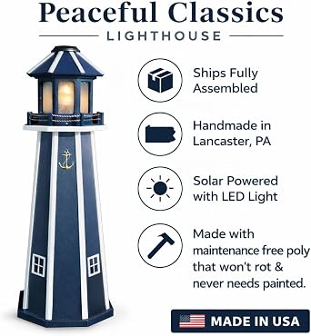 Peaceful Classics Poly Solar Lighthouse, Navy, 4ft