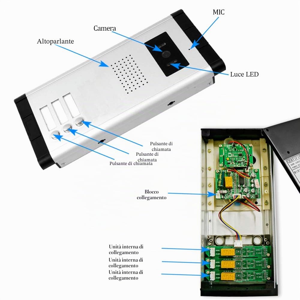 7 '' Videocitofono a colori cablato sistema di porte IR telecamera di visione notturna 480p + schermi di controllo interni per 2/3 appartamenti (3 monitor)