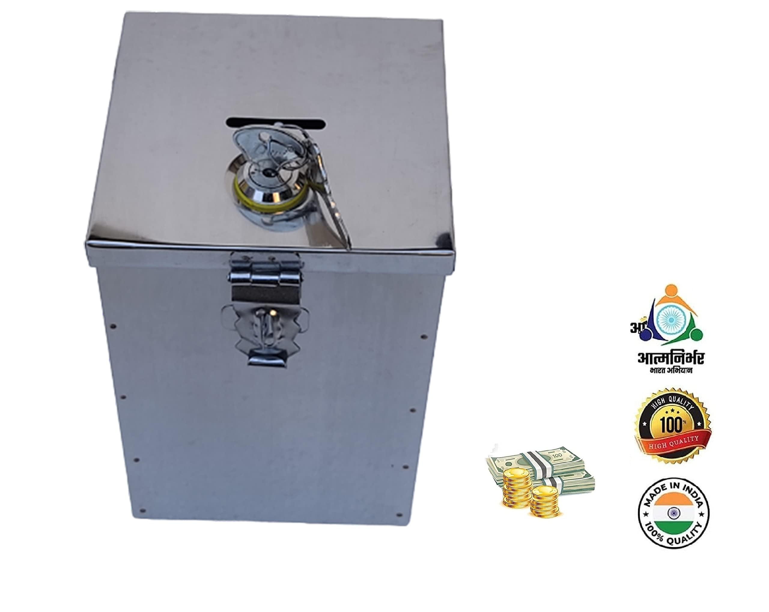 GinoSet® Coin Box, Piggy Bank, Gullak, Donation, Suggestion Box, Antique Coin Bank Box Money Organiser Stainless Steel Body (7.5 Inch) Box(H- 7.5" W-5" L-5.5") (with Pre Fited Lock & 2 Key) 2