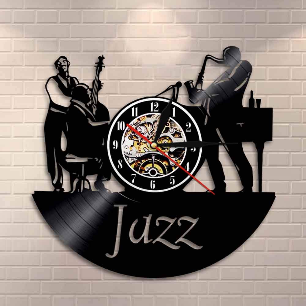 ELD Muzycy zespół jazzowy zegar ścienny mężczyźni grają na wiolonczele saksofon jazzowy instrumenty płyta winylowa zegar ścienny sypialnia salon dekoracja średnica 30 cm 7 kolorów zmienna płyta