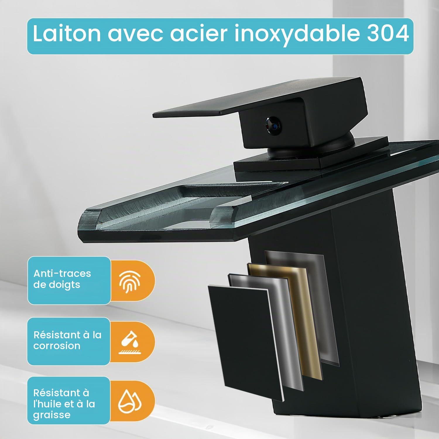 Robinet de salle de bain en verre à levier unique Noir | Mitigeur monocommande en acier inoxydable