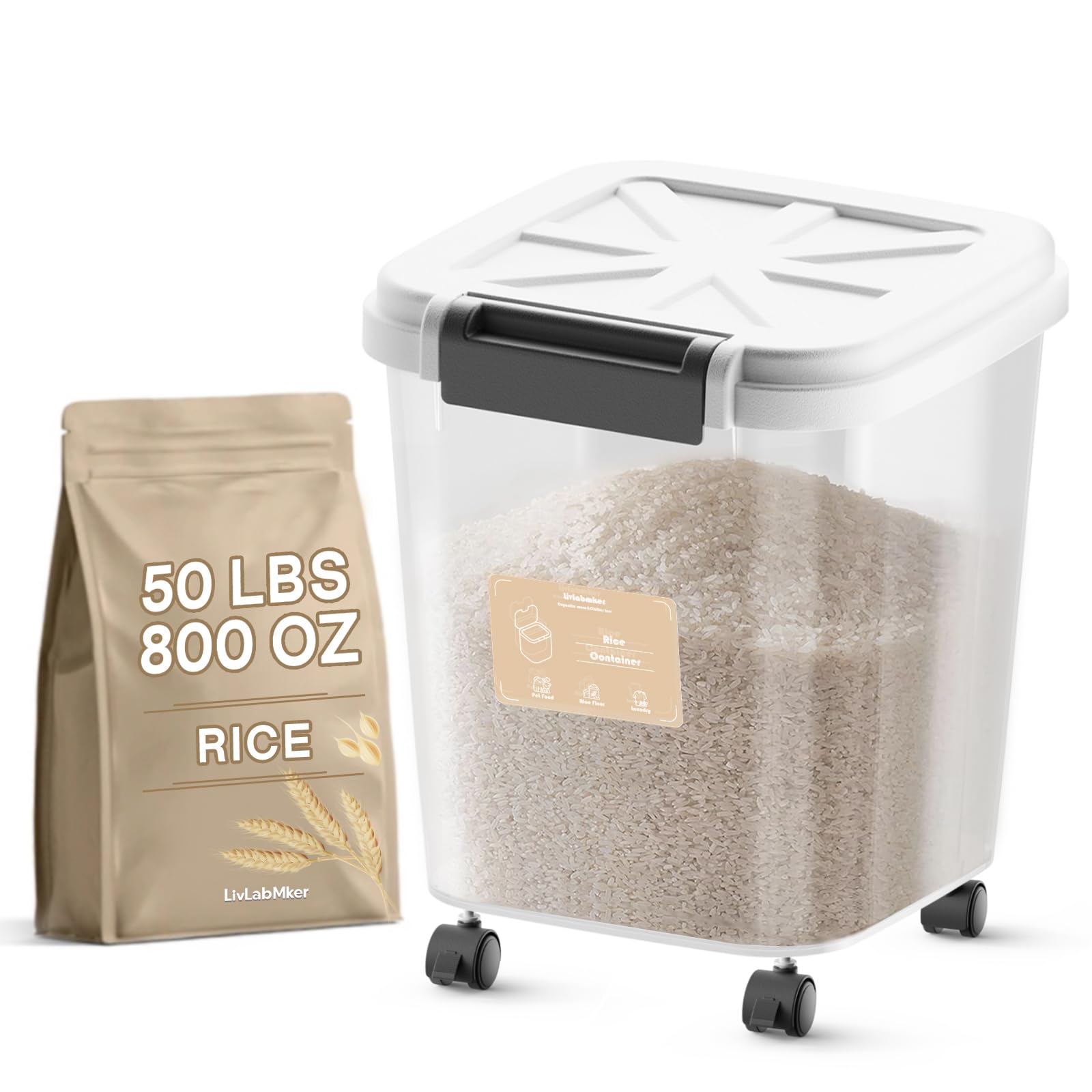 LivLab Mker Rice Dispenser - 50LBS Airtight food storage container with lids,cereal flour storage container with wheels, flour bin rice organizer (25KG)