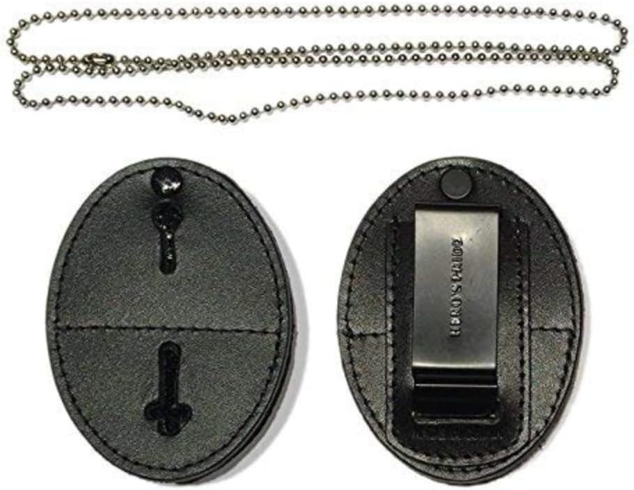 Hero's Pride Universal Oval Badge Holder, Standard Issue Leather Shield Case, Spring Clip and Neck Chain, Hook Fastener, 2-5/8" x 3-5/8" (Badge Not Included)