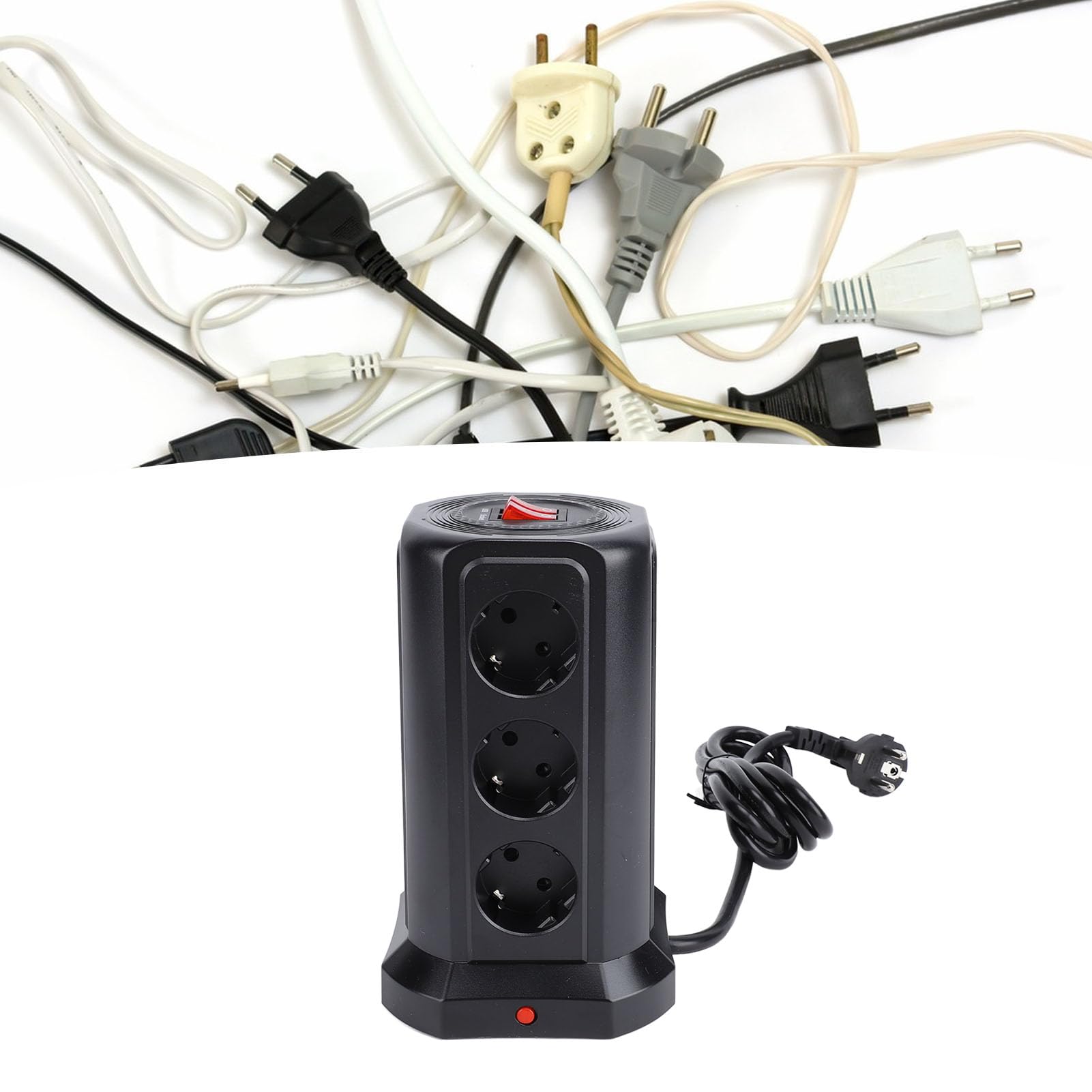 Listwa Zasilająca Wieżowa Czarna Pionowa Listwa Zasilająca z ABS Pionowa Elektryczna 12,3 X 20 Cm z Przełącznikiem Ochronnym Oszczędność Miejsca Wiele Portów do Użytku w Akademiku na Biurku