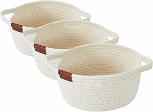DECOMOMO Woven Basket Foldable Cotton Rope Basket with Handles | Nursery Organizers and Storage Basket for Toy Storage Stationary Makeup Kitchen Gift Basket Empty (Ivory White, 3 Pack)