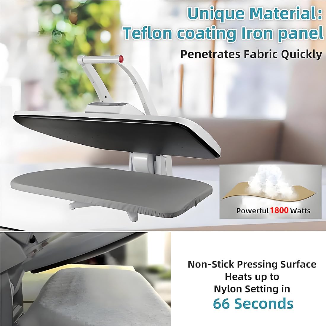 Presse à vapeur 1400 W/1800 W, presse à repasser surdimensionnée 65 cm x 24 cm, modes prédéfinis pour nylon, soie, laine, coton, lin, pression de 50 kg pour un repassage efficace