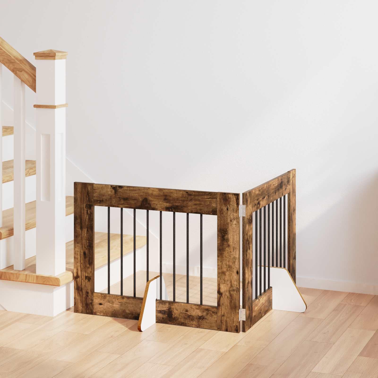 Puerta para perros con soporte, 2 piezas de roble ahumado, 80 x 60 cm, plegable y portátil, para uso en interiores y exteriores, protección segura para cachorros y perros