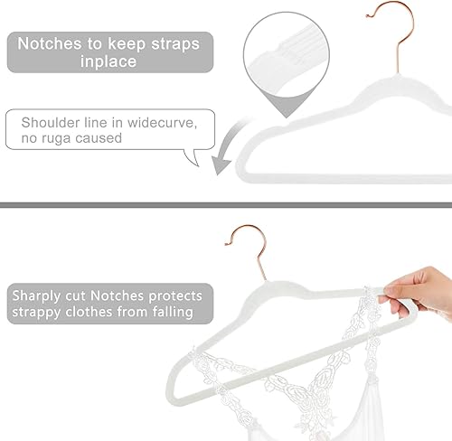 Miniatura 3 de MIZGI Perchas de terciopelo prémium para niños (paquete de 50) de 14 pulgadas de ancho con ganchos de cobre oro rosa, ahorro de espacio, perchas