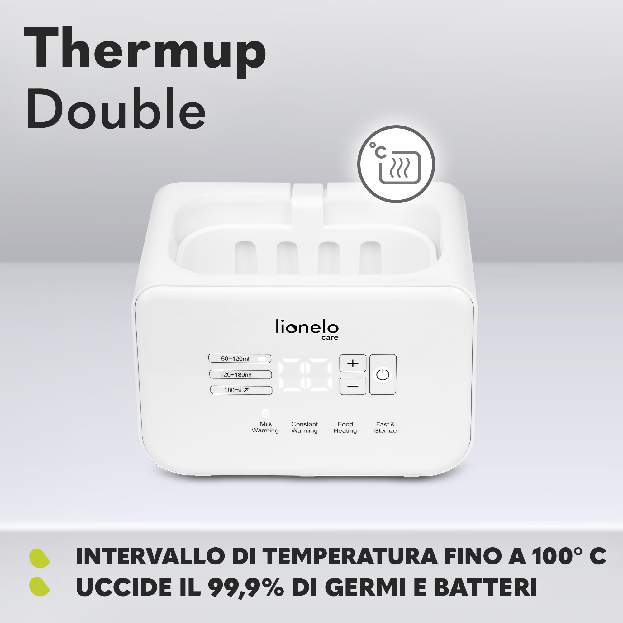LIONELO Thermup Double scaldabiberon elettrico doppio, Sterilizzatore, scalda pappe e biberon, scongelamento latte, riscaldamento rapido 3-5 minuti, 6 funzioni