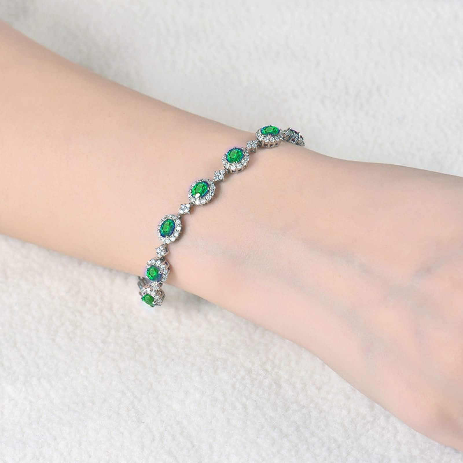 Pulseras de Mujer de Oro Blanco 9Kilates / 14Kilates / 18Kilates, Oval con Esmeralda de 2,4 ct y Diamante de 0,81 ct, Cadena Extensible 16 CM + 5 CM, Pulsera Mujer Ajustable Plata Verde