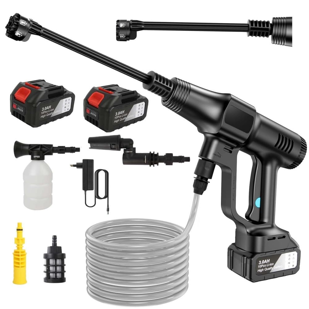 Nettoyeur Haute Pression sans Fil, 21V Max 200 Bar Nettoyeur Haute Pression sur Batterie 6,0Ah, Press & Clean Pistolet de Lavage avec écran LCD de Puissance et 3 Vitesses (Noir)