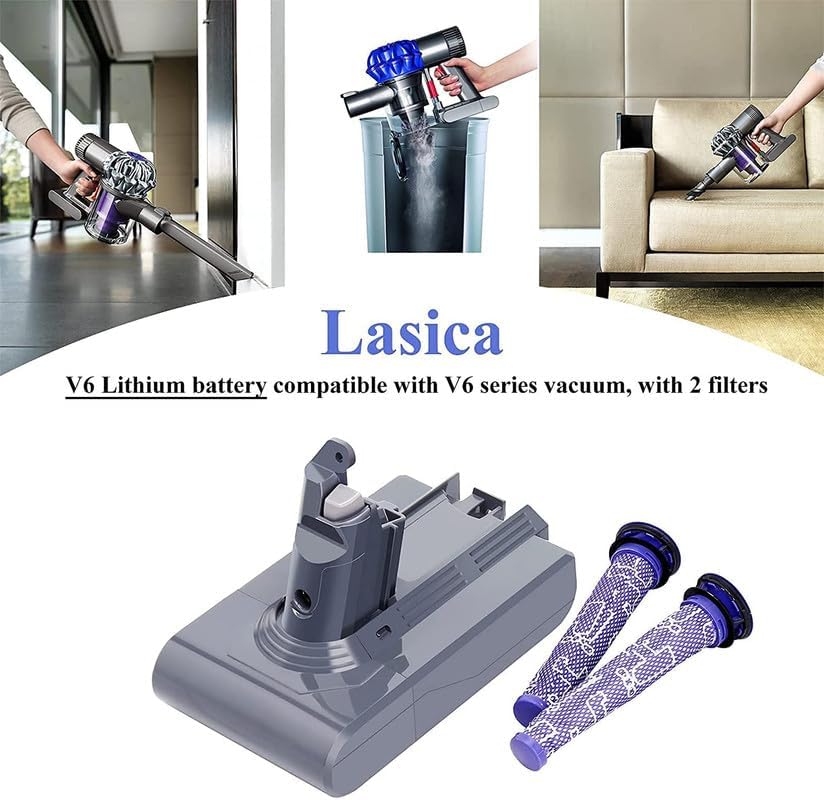 Miniatura 6 de Lasica Batería de repuesto V6 de 4.5 Ah 21.6 V con 2 filtros, compatible con Dyson V6 SV03 DC58 DC59 DC61 DC62 DC72 DC74 Animal Absolute Fluffy